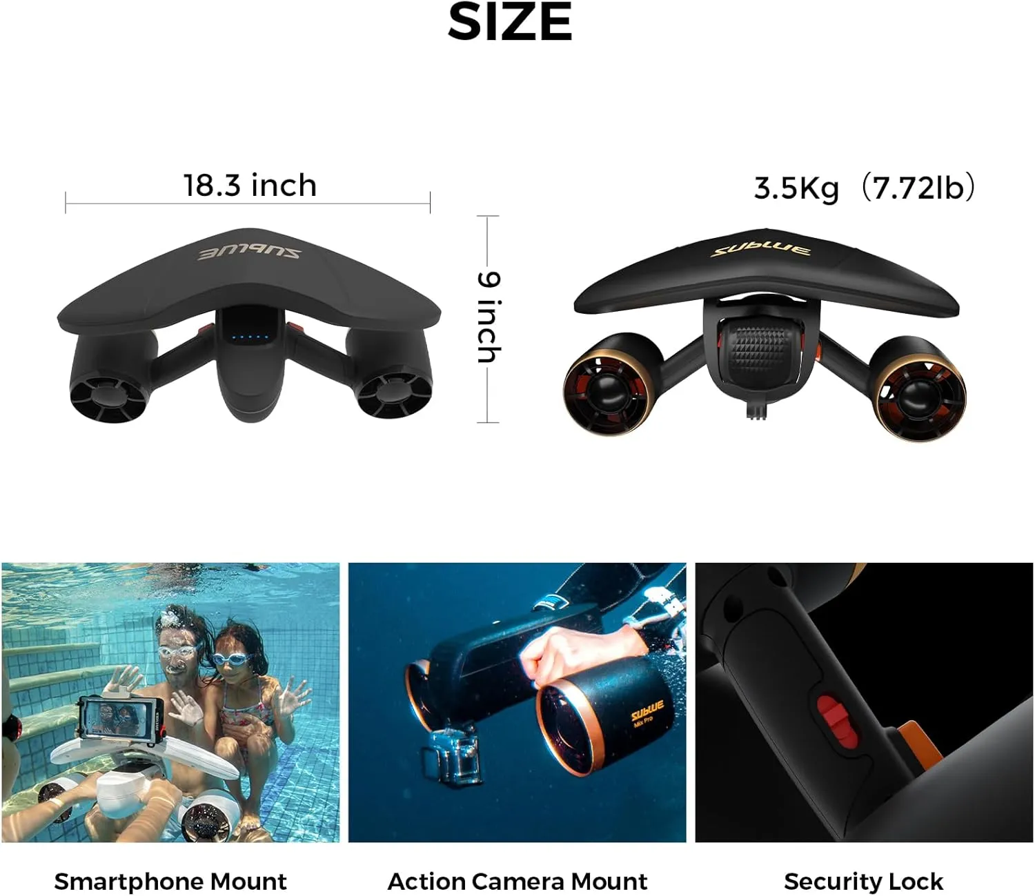 Mix Pro Dual Motor Underwater Scooter - 2 Speed Modes, 60 Min Runtime, 131ft Depth with Camera Mount & Low Battery Alarm for Pool, Diving, Snorkeling - Water Scooter for Adults & Kids
