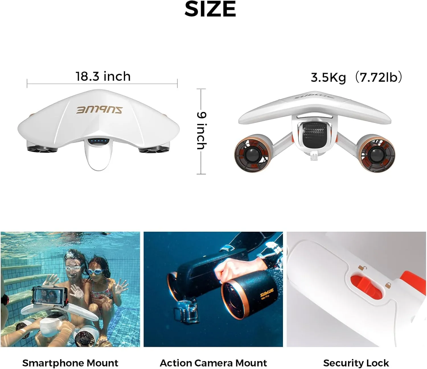 Mix Pro Dual Motor Underwater Scooter - 2 Speed Modes, 60 Min Runtime, 131ft Depth with Camera Mount & Low Battery Alarm for Pool, Diving, Snorkeling - Water Scooter for Adults & Kids