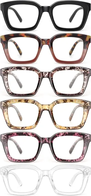miyya 6 Pack Fashion Reading Glasses for Women, Blue Light Blocking/Anti UV Readers Oversized Square with Spring Hinge (M2 6 pack Mix, 0), Medium