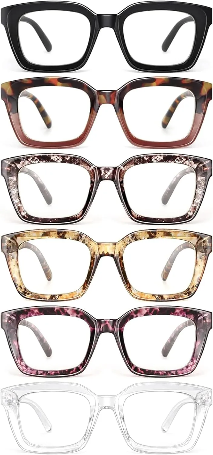 miyya 6 Pack Fashion Reading Glasses for Women, Blue Light Blocking/Anti UV Readers Oversized Square with Spring Hinge (M2 6 pack Mix, 0), Medium