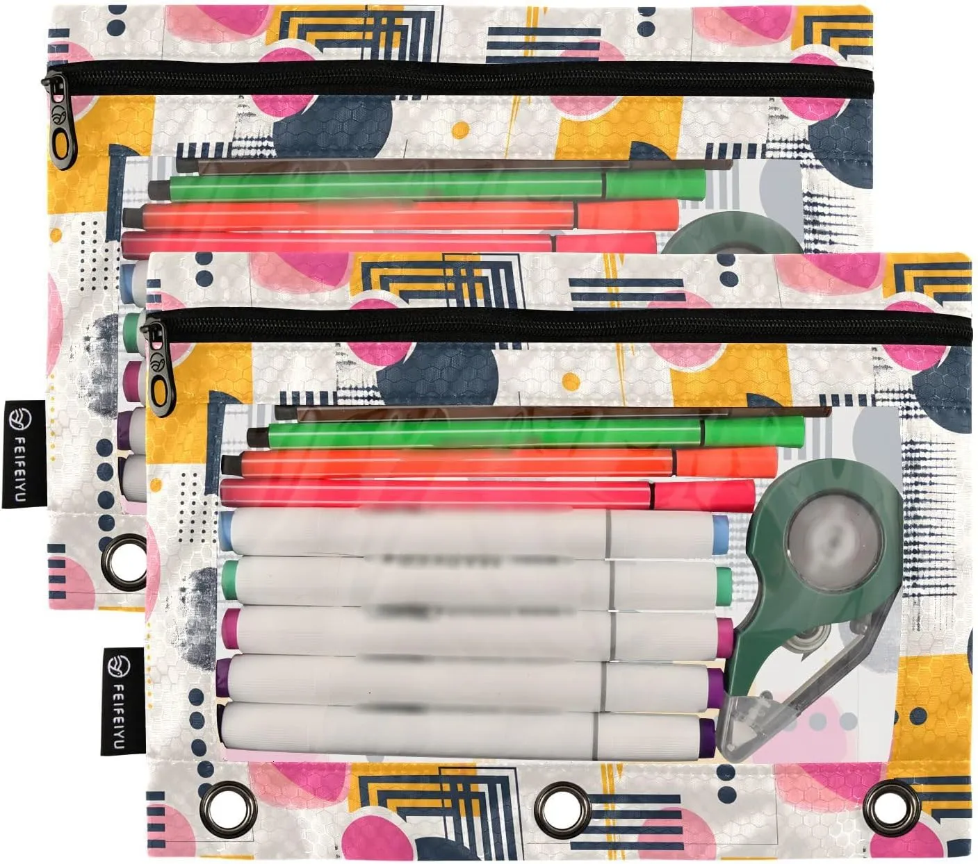 MNSRUU Pencil Pouch for 3 Ring Binder, Trendy Minimalist with Abstract Geometric Zipper Pouch 3 Ring Bags Clear Window Large Binder Pouches Holes for School Office, Set of 2
