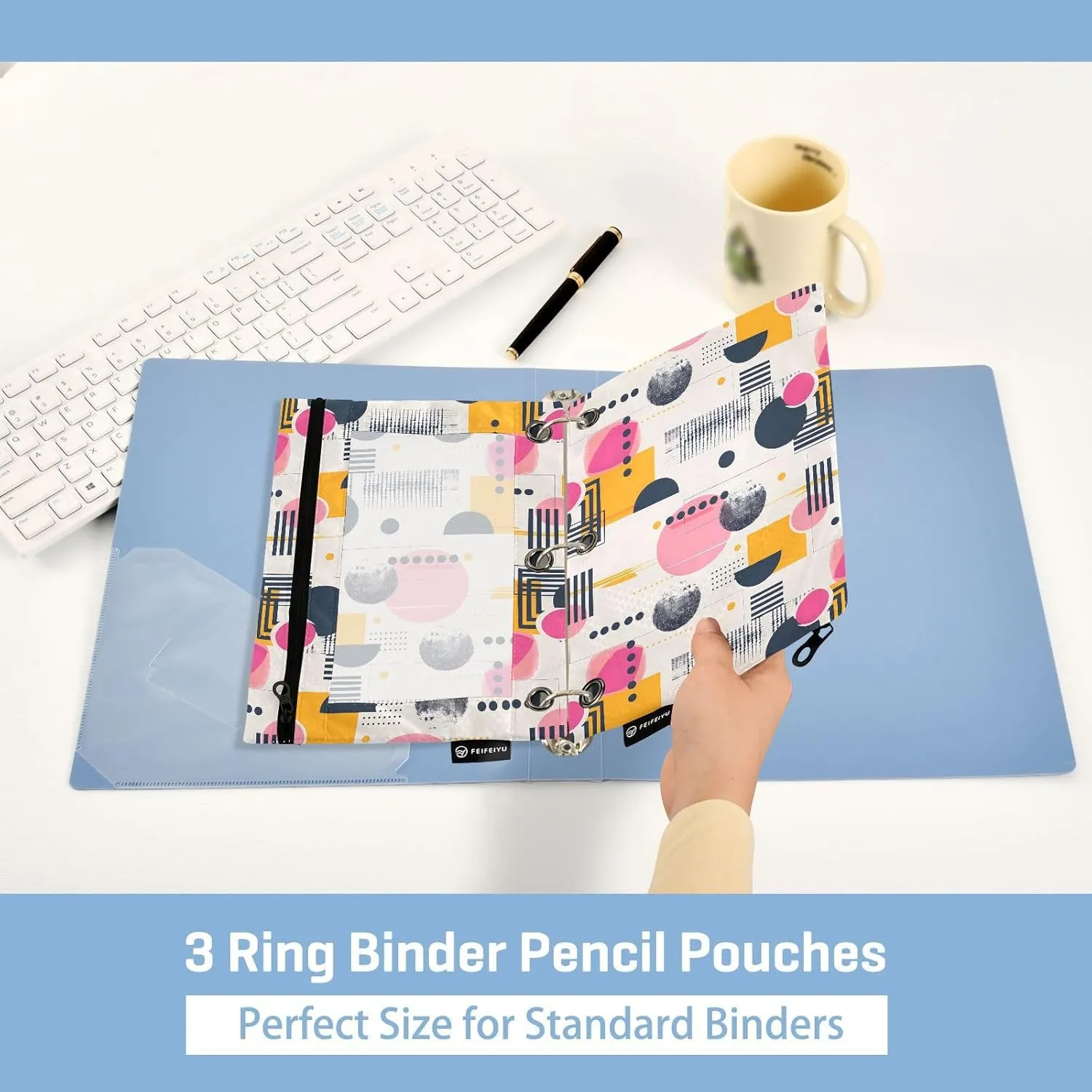 MNSRUU Pencil Pouch for 3 Ring Binder, Trendy Minimalist with Abstract Geometric Zipper Pouch 3 Ring Bags Clear Window Large Binder Pouches Holes for School Office, Set of 2