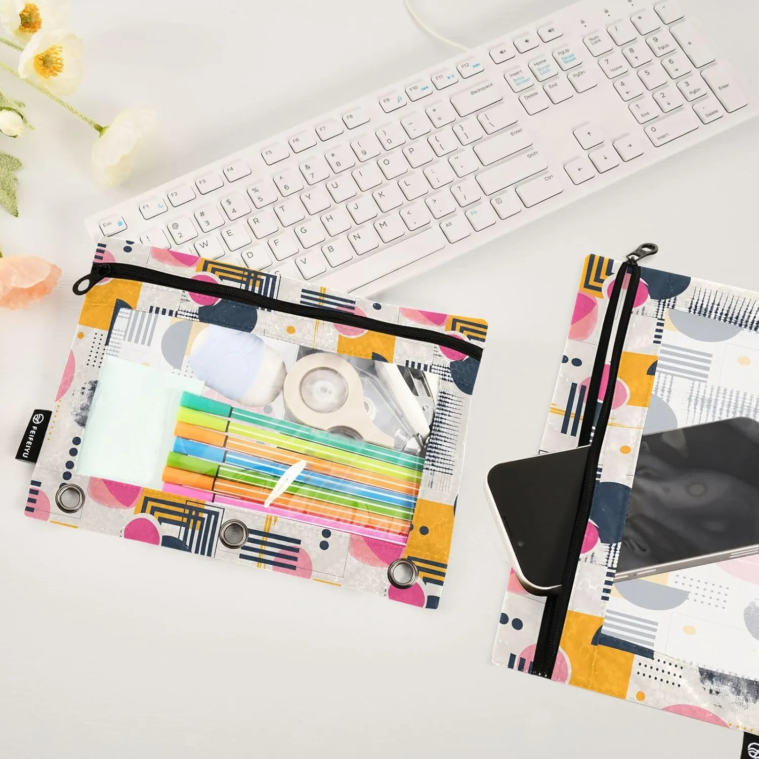 MNSRUU Pencil Pouch for 3 Ring Binder, Trendy Minimalist with Abstract Geometric Zipper Pouch 3 Ring Bags Clear Window Large Binder Pouches Holes for School Office, Set of 2