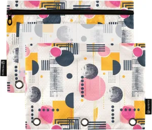 MNSRUU Pencil Pouch for 3 Ring Binder, Trendy Minimalist with Abstract Geometric Zipper Pouch 3 Ring Bags Clear Window Large Binder Pouches Holes for School Office, Set of 2