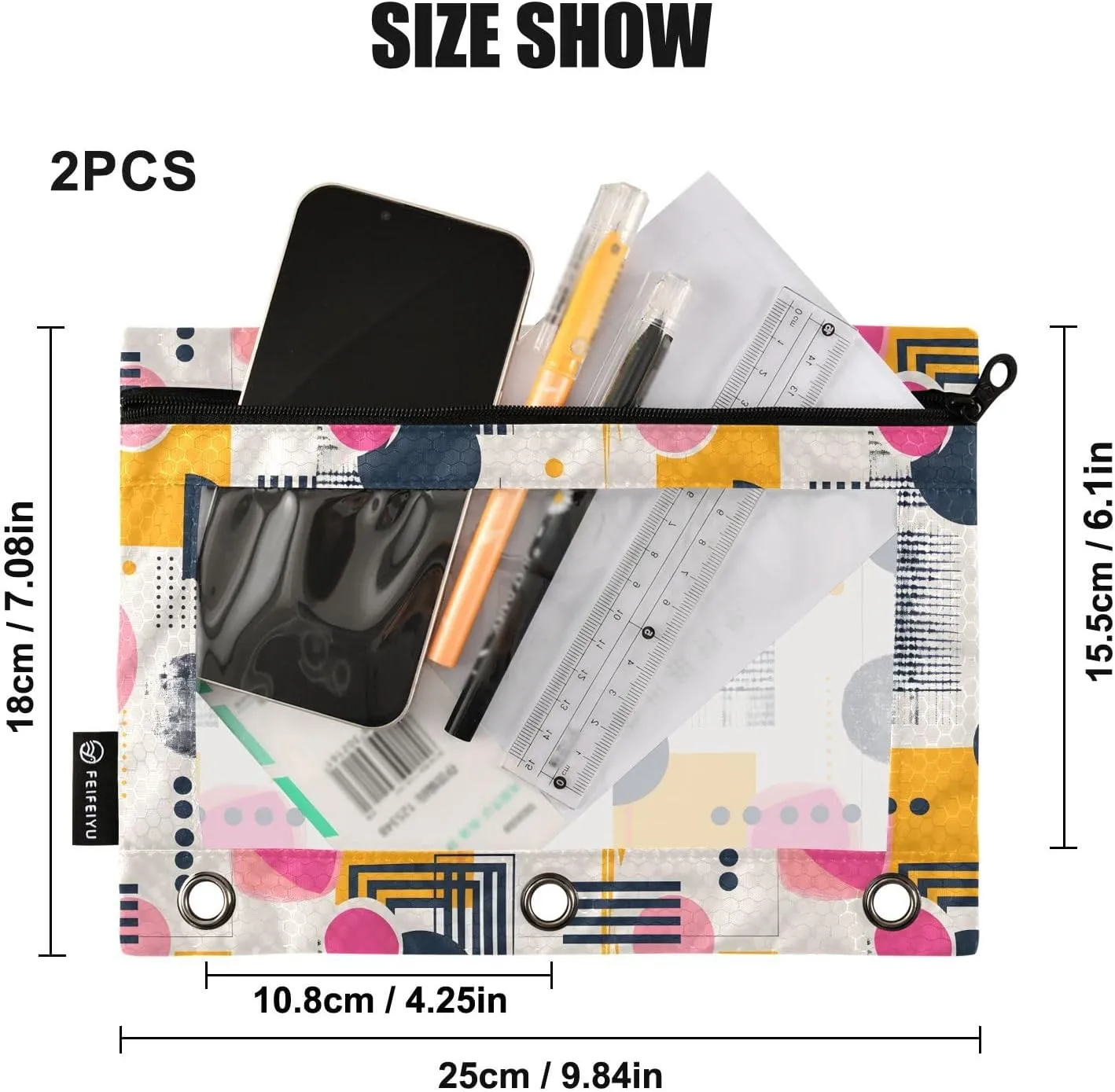 MNSRUU Pencil Pouch for 3 Ring Binder, Trendy Minimalist with Abstract Geometric Zipper Pouch 3 Ring Bags Clear Window Large Binder Pouches Holes for School Office, Set of 2