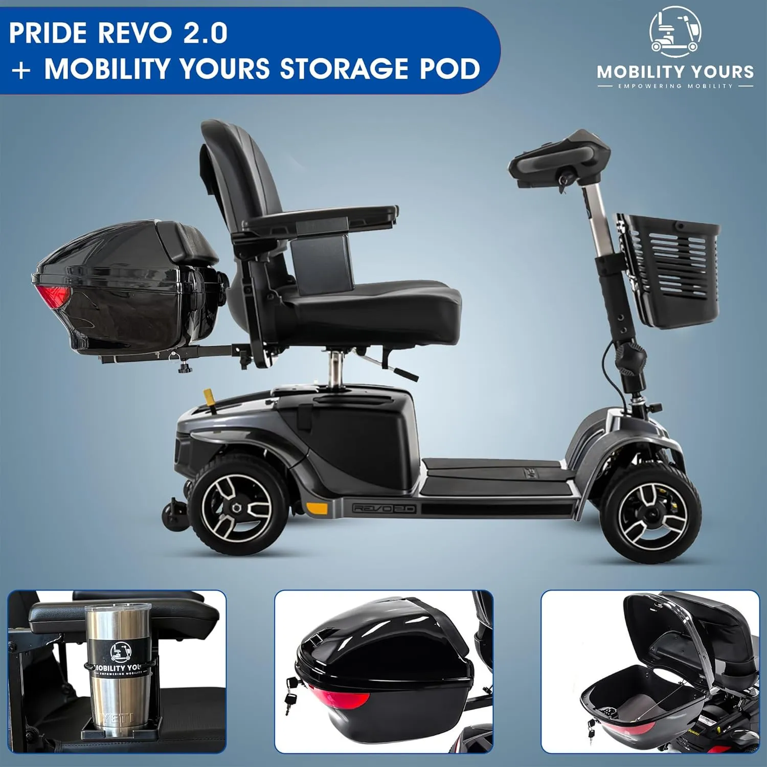Mobility Yours Storage Pod   Pride Moobility Revo 2.0, Heavy Duty 4 Wheel Mobility Scooter for Adults, 400 lb Capacity, 20" Wide Seat, LED, 17.8 Miles Per Charge, CTS Suspension, Service Warranty