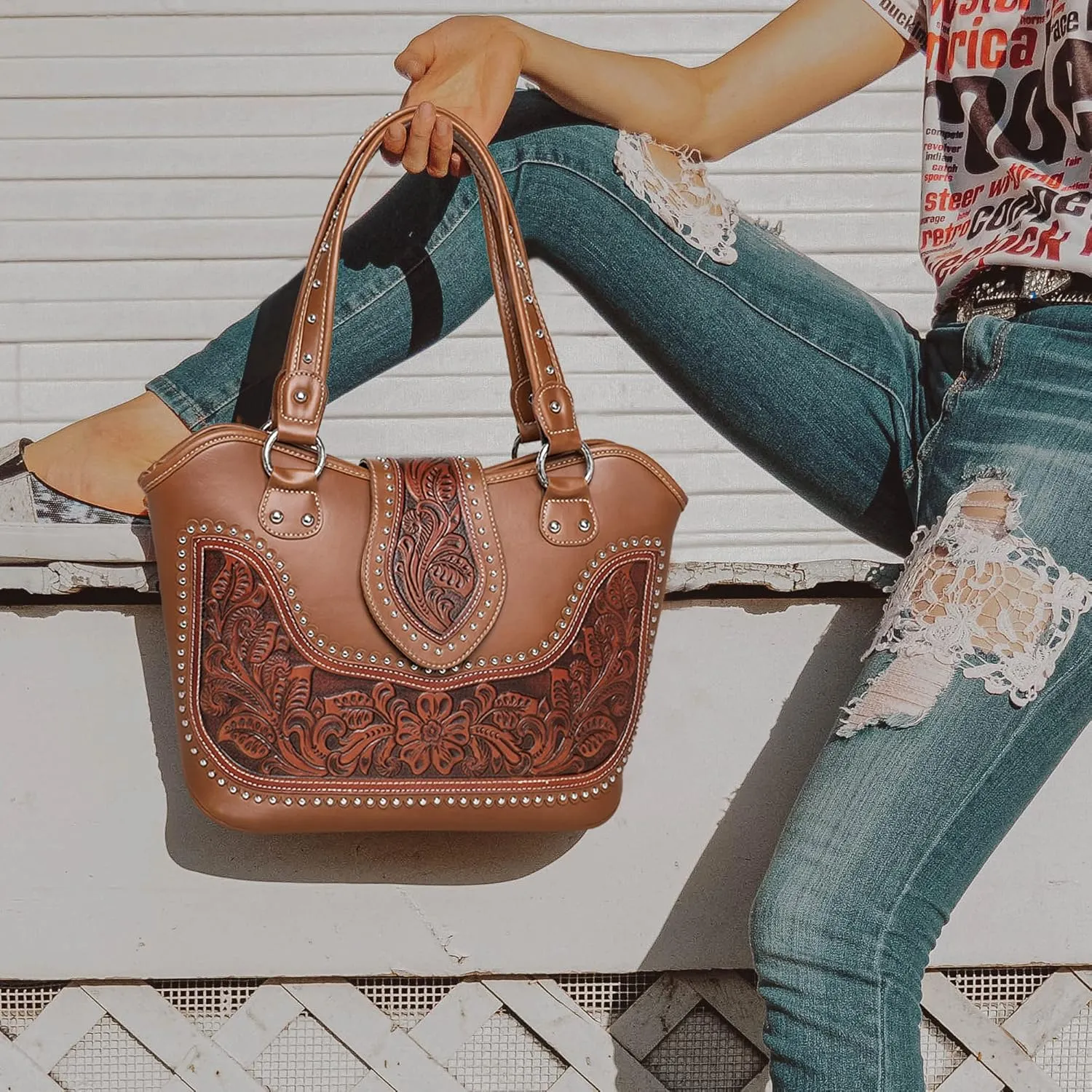 Montana West Western Tote Bags for Women Tooled Shoulder Ladies Top Handle Handbag