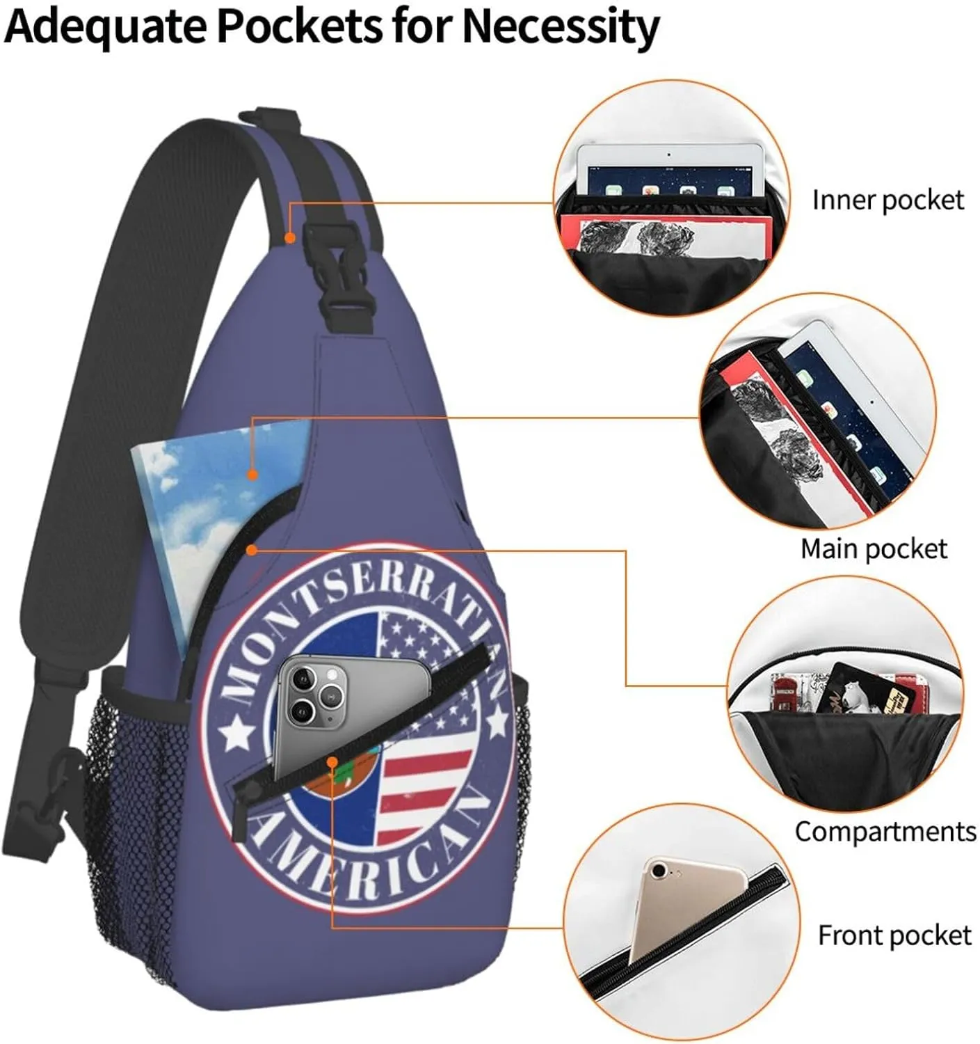 Montserratian American Badge Montserrat Flag Crossbody Bags Sling Backpack Cross Chest Bag Sports Shoulder Bag Gym Fanny Pack Adjustable Cycling Daypack Diagonally Rucksack for Running
