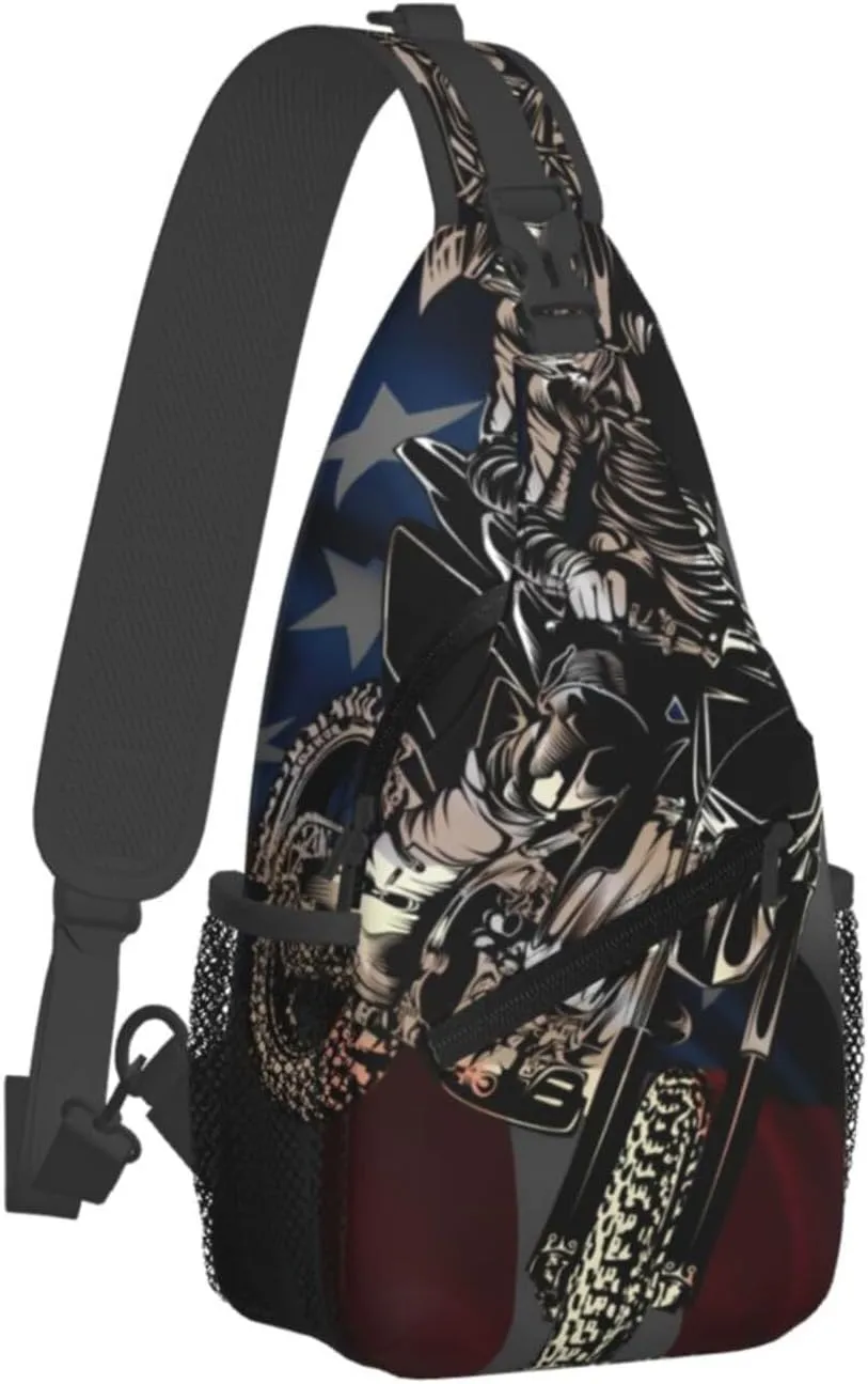 Motocross Dirt Bike American Flag Crossbody Bags Cross Men Chest Bag Adjustable Sling Backpack Shoulder Bag For Women Cycling Travel Sport Hiking
