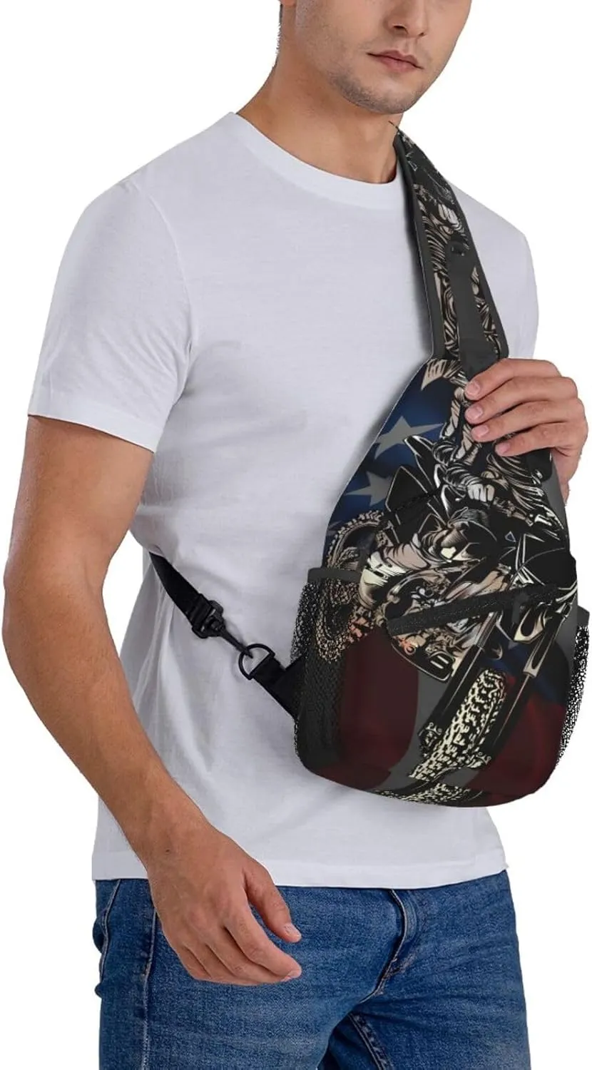 Motocross Dirt Bike American Flag Crossbody Bags Cross Men Chest Bag Adjustable Sling Backpack Shoulder Bag For Women Cycling Travel Sport Hiking