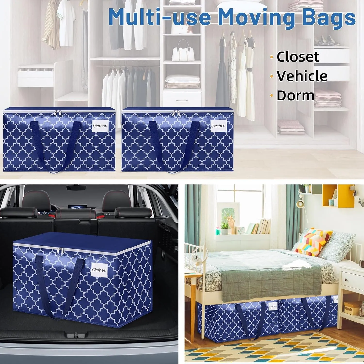 Moving Bags, Extra Large Moving Supplies, Heavy Duty Storage Bags, Packing Bags with Reinforced Zippers & Handles, Collapsible Packing Boxes, Storage Totes for Moving, Packing, 100L, 4 Packs