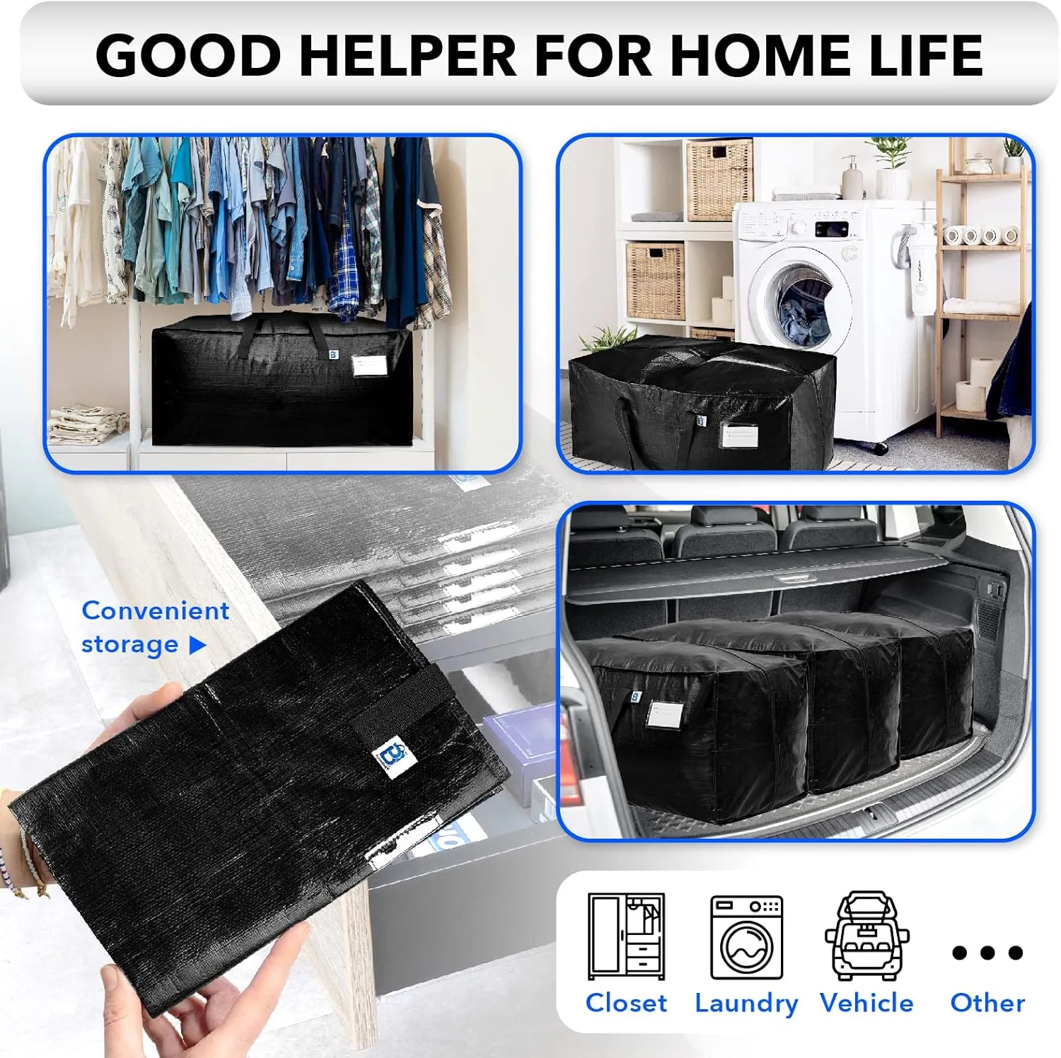 Moving Bags Heavy Duty,Extra Large Moving Bags for Travel/College Packing/Storage/Organization/Seasonal Clothes & Bedding Storage,Moving Supplies Bins,Compatible with Ikea Frakta Cart (Black,6 Pack)