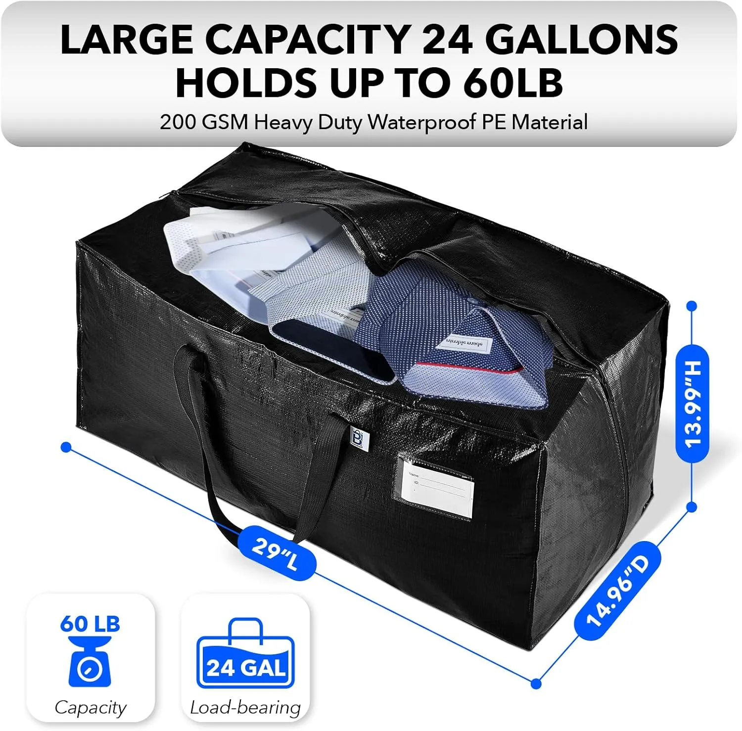 Moving Bags Heavy Duty,Extra Large Moving Bags for Travel/College Packing/Storage/Organization/Seasonal Clothes & Bedding Storage,Moving Supplies Bins,Compatible with Ikea Frakta Cart (Black,6 Pack)