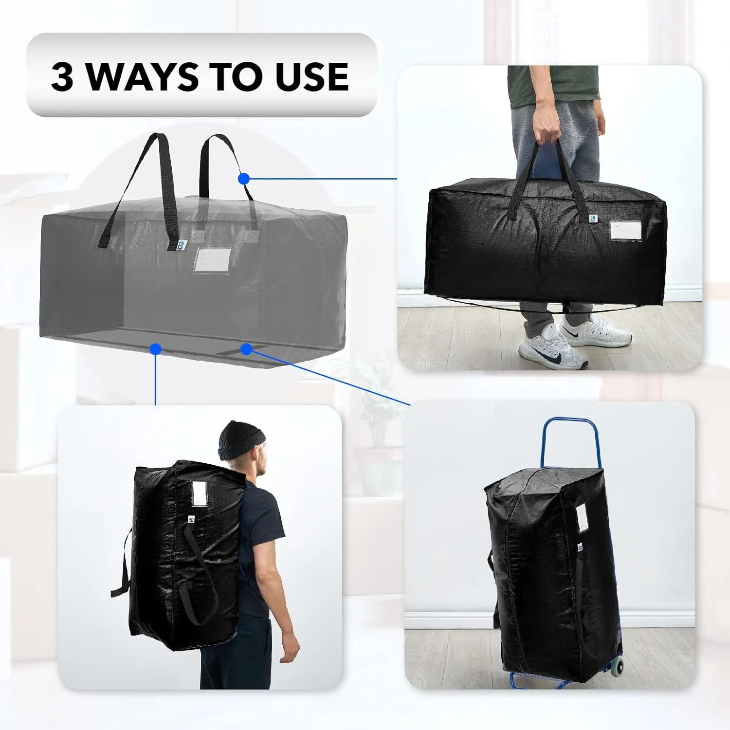 Moving Bags Heavy Duty,Extra Large Moving Bags for Travel/College Packing/Storage/Organization/Seasonal Clothes & Bedding Storage,Moving Supplies Bins,Compatible with Ikea Frakta Cart (Black,6 Pack)