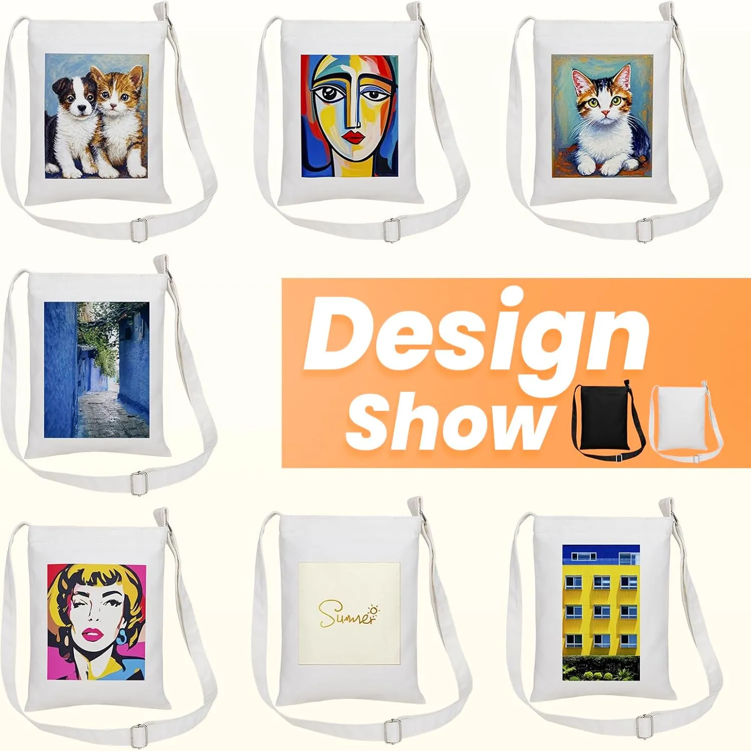 Muka Custom Small Cross-body Shoulder Bag with Logo, 7 x 9 Inch Canvas Zipper Handbags, White Bridal Party Bag