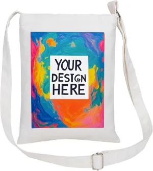 Muka Custom Small Cross-body Shoulder Bag with Logo, 7 x 9 Inch Canvas Zipper Handbags, White Bridal Party Bag