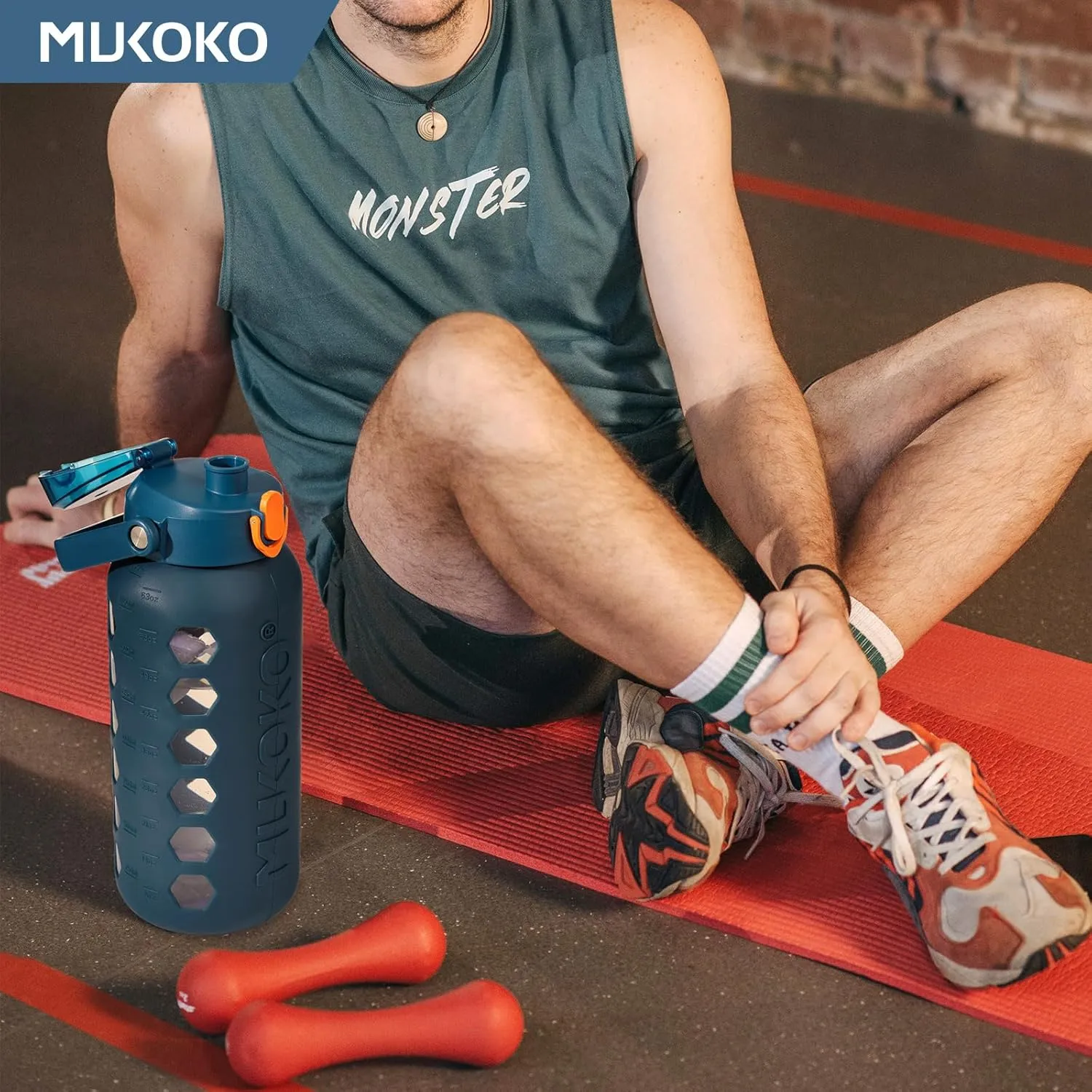 MUKOKO Glass Water Bottles 64oz with 2 Lids, Half Gallon Bottle with Straws and Measurements, 2L Sports Jug with Silicone Sleeve, Leakproof, Blue