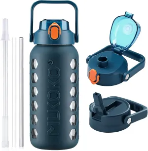 MUKOKO Glass Water Bottles 64oz with 2 Lids, Half Gallon Bottle with Straws and Measurements, 2L Sports Jug with Silicone Sleeve, Leakproof, Blue