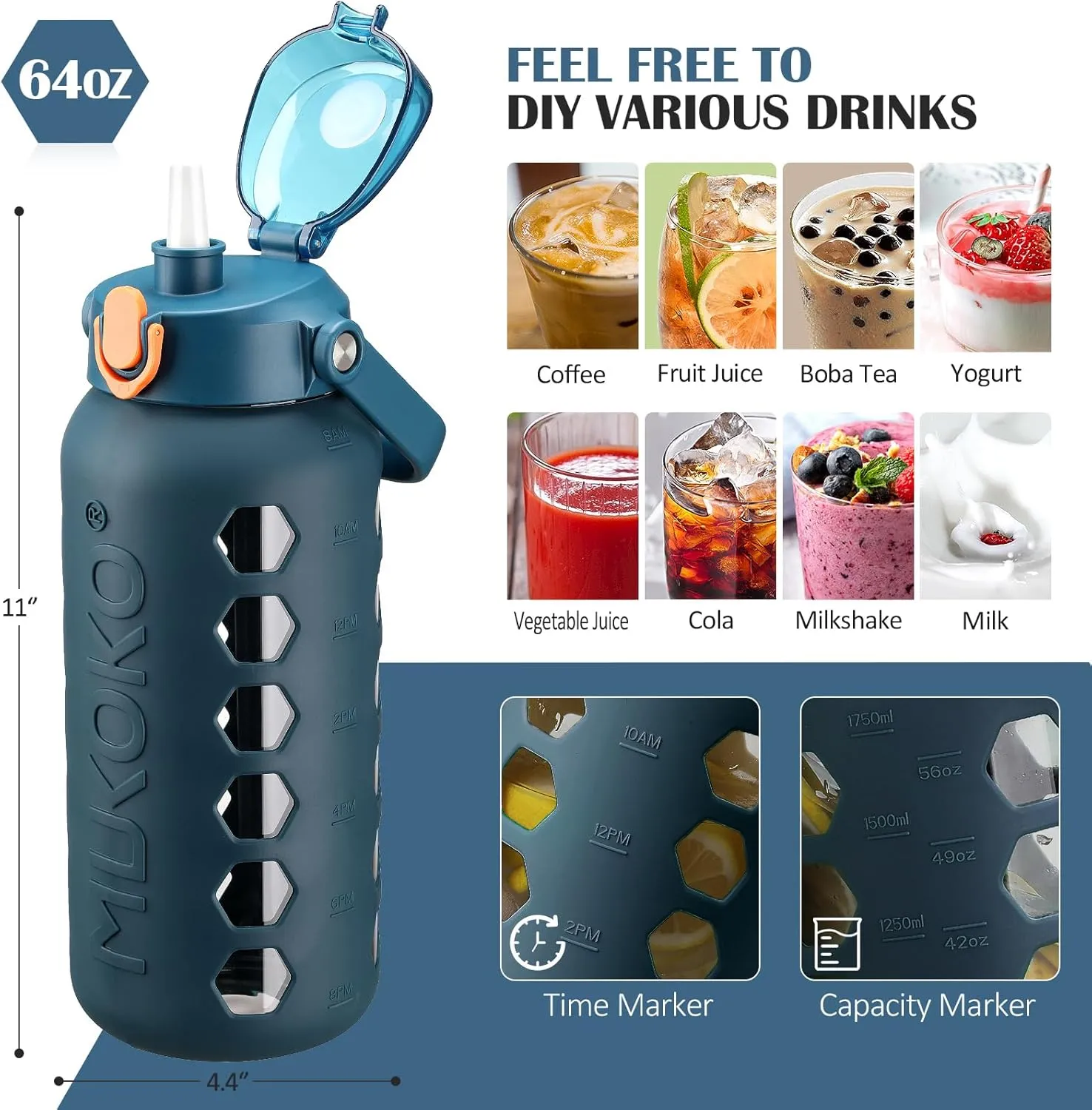 MUKOKO Glass Water Bottles 64oz with 2 Lids, Half Gallon Bottle with Straws and Measurements, 2L Sports Jug with Silicone Sleeve, Leakproof, Blue