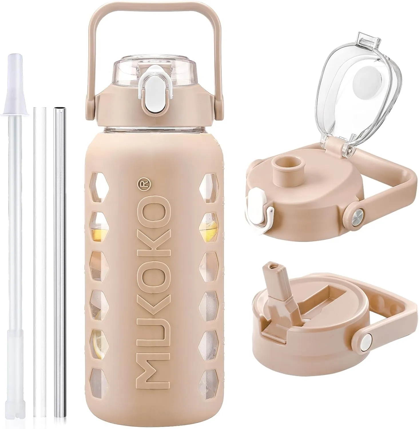 MUKOKO Glass Water Bottles 64oz with 2 Lids, Half Gallon Drinking Bottle with Straws and Measurements, 2L Sports Glass Jug with Silicone Sleeve, Leakproof, Light Amber