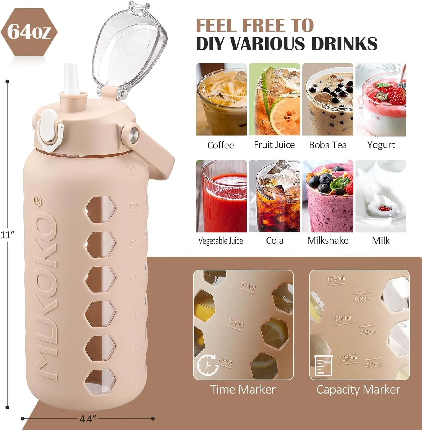MUKOKO Glass Water Bottles 64oz with 2 Lids, Half Gallon Drinking Bottle with Straws and Measurements, 2L Sports Glass Jug with Silicone Sleeve, Leakproof, Light Amber