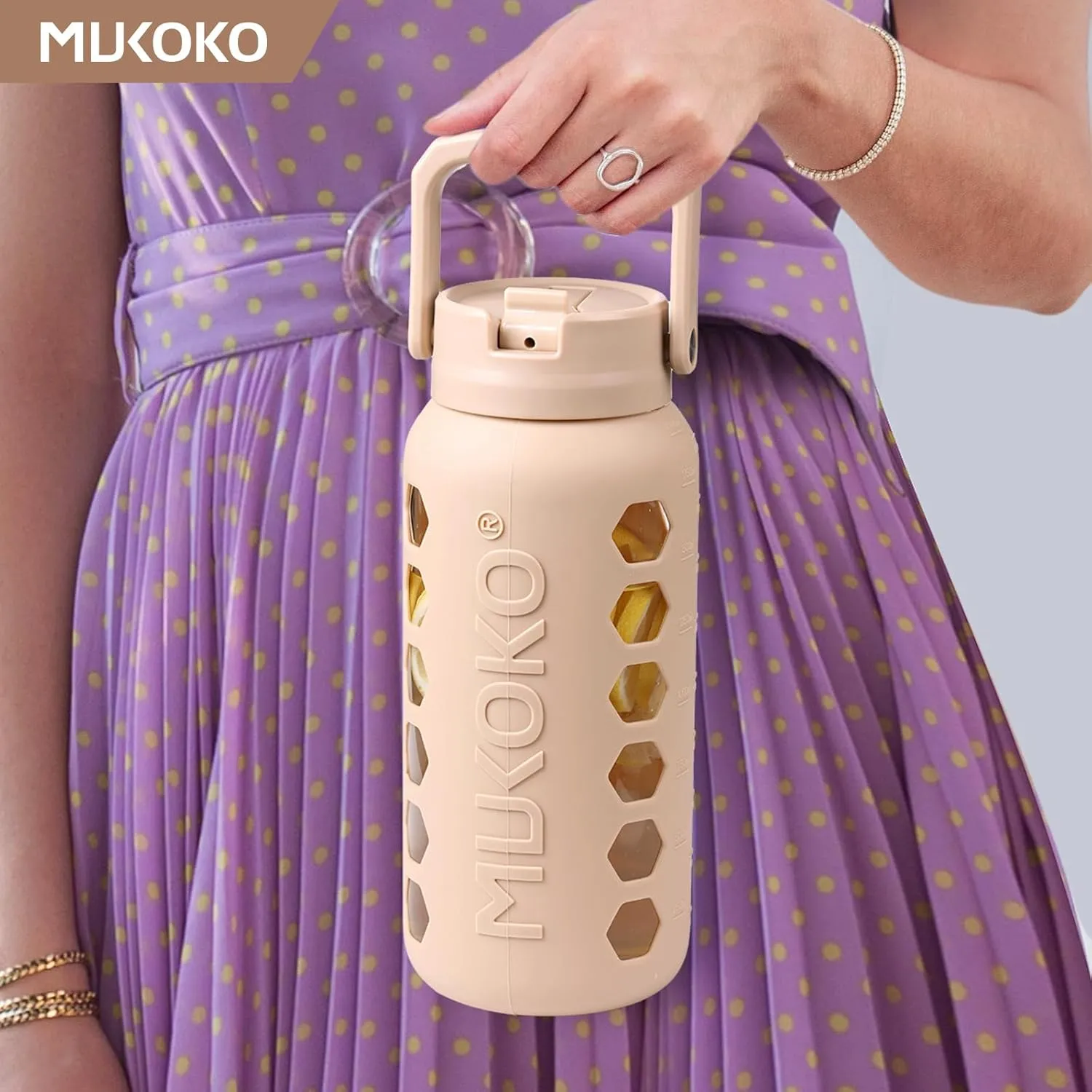 MUKOKO Glass Water Bottles 64oz with 2 Lids, Half Gallon Drinking Bottle with Straws and Measurements, 2L Sports Glass Jug with Silicone Sleeve, Leakproof, Light Amber