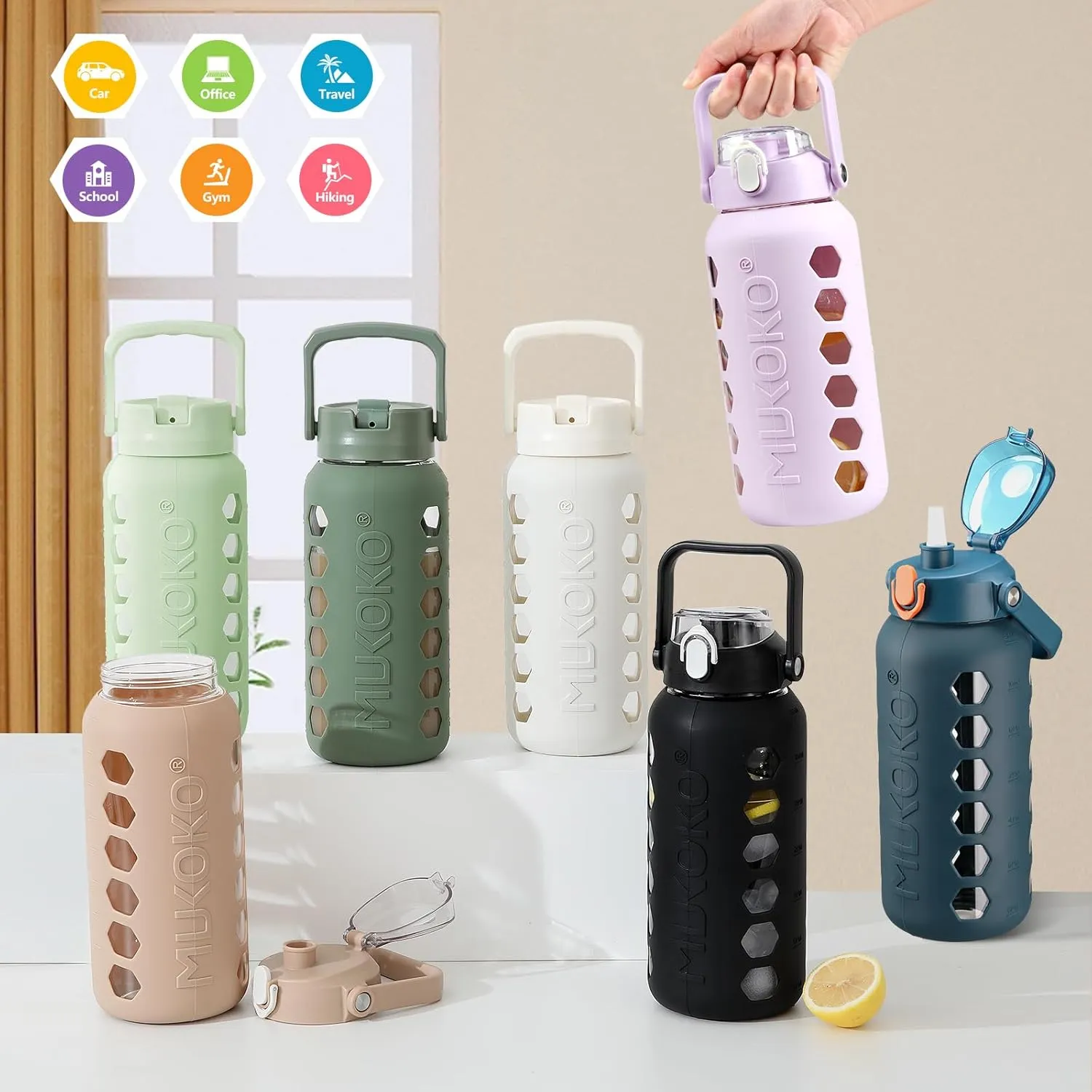 MUKOKO Glass Water Bottles 64oz with 2 Lids, Half Gallon Drinking Bottle with Straws and Measurements, 2L Sports Glass Jug with Silicone Sleeve, Leakproof, Light Amber