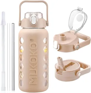 MUKOKO Glass Water Bottles 64oz with 2 Lids, Half Gallon Drinking Bottle with Straws and Measurements, 2L Sports Glass Jug with Silicone Sleeve, Leakproof, Light Amber