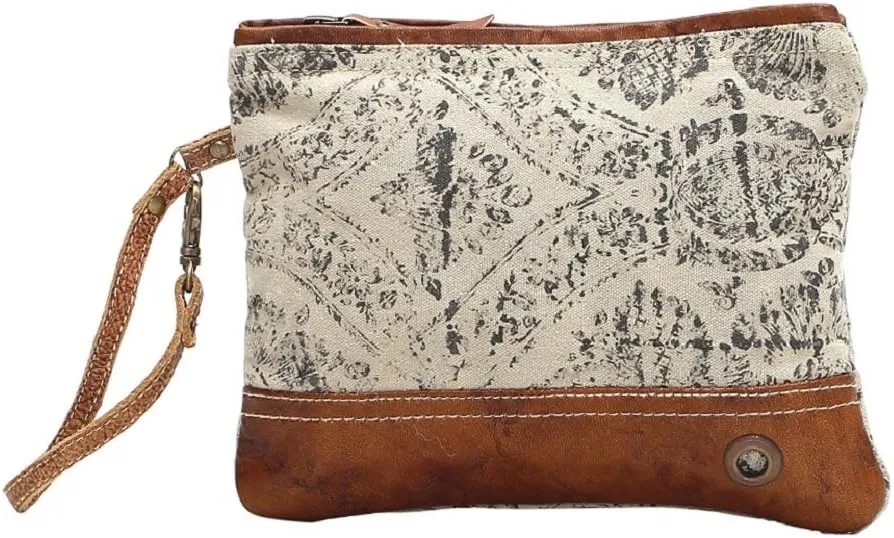 Myra Bag Floral Upcycled Canvas Wristlet Bag S-1019, Brown, Small