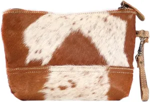 Myra Bag Snowy & Cocoa Upcycled Canvas & Cowhide Wristlet Pouch Bag S-1471