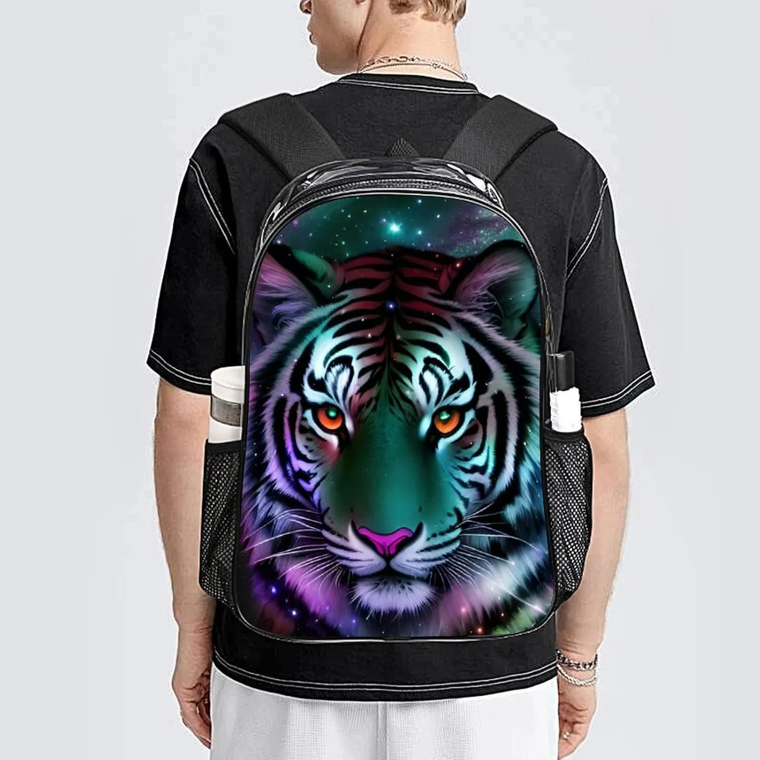 Mystic Fantasy Galaxy Sky Fantasy Wild Animals Tiger Art Rucksack Transparent Anti-Theft Multipurpose Carry On Bag Large Capacity Travel and Sport Backpack Rucksack With Smooth Zippers