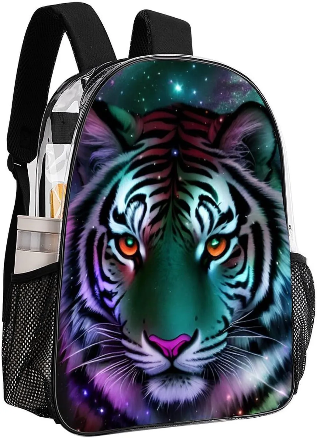 Mystic Fantasy Galaxy Sky Fantasy Wild Animals Tiger Art Rucksack Transparent Anti-Theft Multipurpose Carry On Bag Large Capacity Travel and Sport Backpack Rucksack With Smooth Zippers