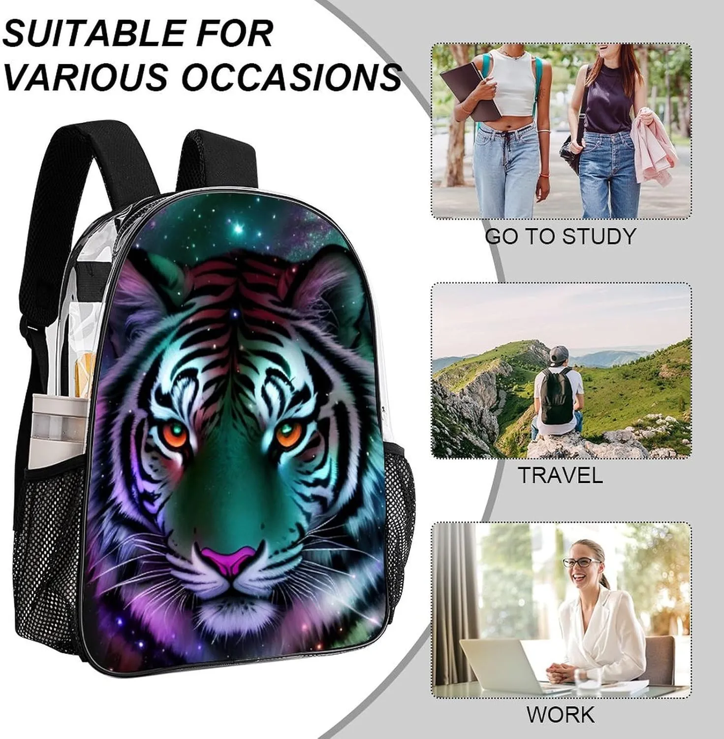 Mystic Fantasy Galaxy Sky Fantasy Wild Animals Tiger Art Rucksack Transparent Anti-Theft Multipurpose Carry On Bag Large Capacity Travel and Sport Backpack Rucksack With Smooth Zippers
