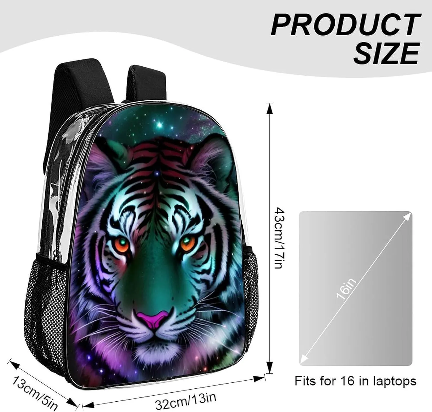 Mystic Fantasy Galaxy Sky Fantasy Wild Animals Tiger Art Rucksack Transparent Anti-Theft Multipurpose Carry On Bag Large Capacity Travel and Sport Backpack Rucksack With Smooth Zippers