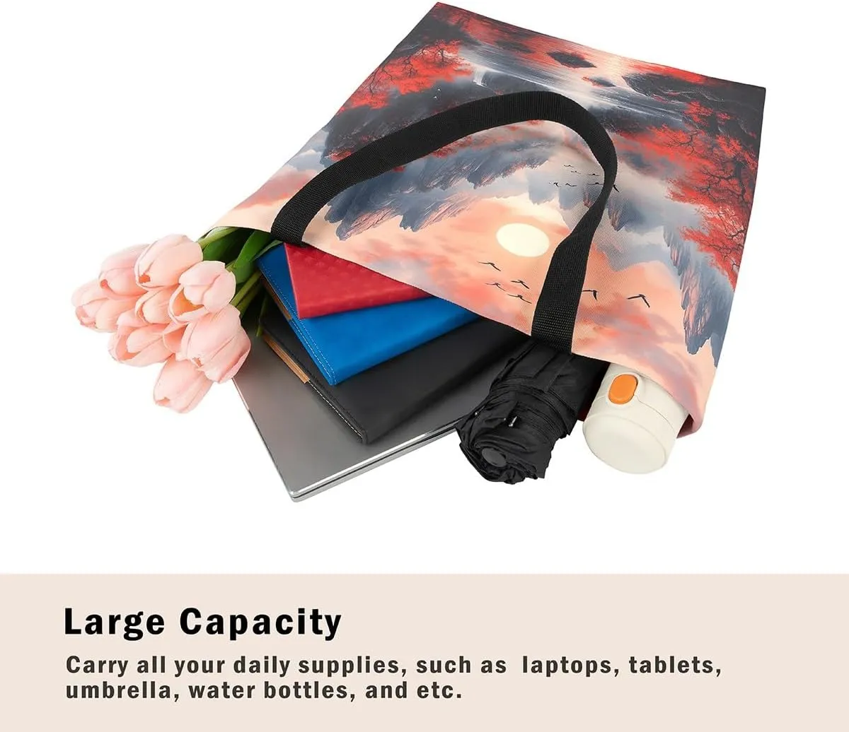 Natural Scenery Canvas Tote Bags for Women,Dreamy Landscape Theme Shoulder Handbags 19.7x15.7 Inch,Large Capacity