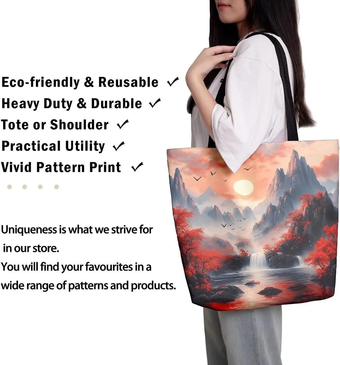 Natural Scenery Canvas Tote Bags for Women,Dreamy Landscape Theme Shoulder Handbags 19.7x15.7 Inch,Large Capacity