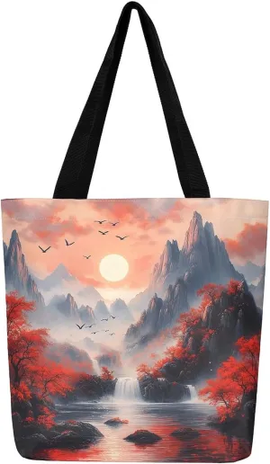 Natural Scenery Canvas Tote Bags for Women,Dreamy Landscape Theme Shoulder Handbags 19.7x15.7 Inch,Large Capacity