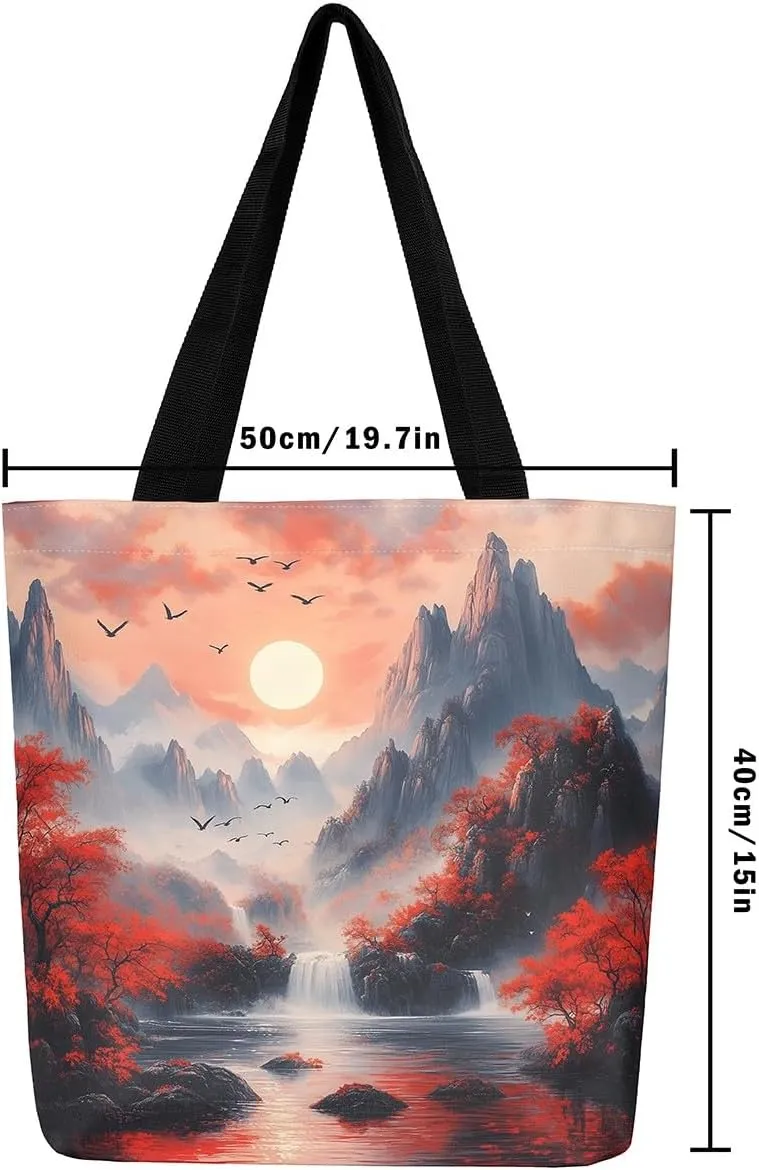 Natural Scenery Canvas Tote Bags for Women,Dreamy Landscape Theme Shoulder Handbags 19.7x15.7 Inch,Large Capacity