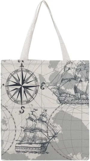 Nautical Sea Map Compass Sailing Ship Canvas Tote Bag for Women Girl Canvas Shoulder Handbags Cute Large Purse