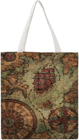 Nautical Sea Map Compass Sailing Ship Canvas Tote Bag for Women Girl Canvas Shoulder Handbags Cute Large Purse