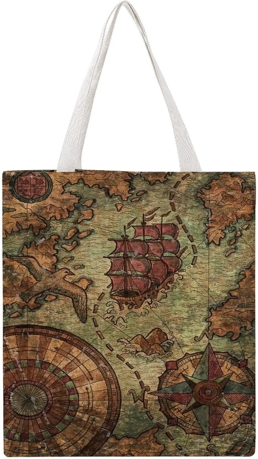Nautical Sea Map Compass Sailing Ship Canvas Tote Bag for Women Girl Canvas Shoulder Handbags Cute Large Purse