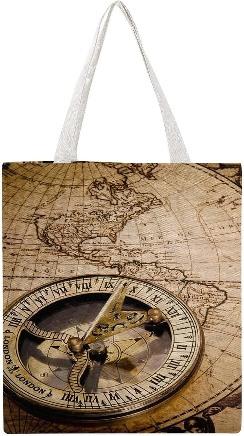 Nautical Sea Map Compass Sailing Ship Canvas Tote Bag for Women Girl Canvas Shoulder Handbags Cute Large Purse