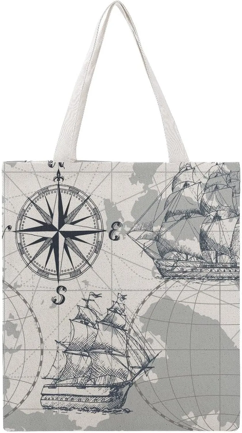 Nautical Sea Map Compass Sailing Ship Canvas Tote Bag for Women Girl Canvas Shoulder Handbags Cute Large Purse
