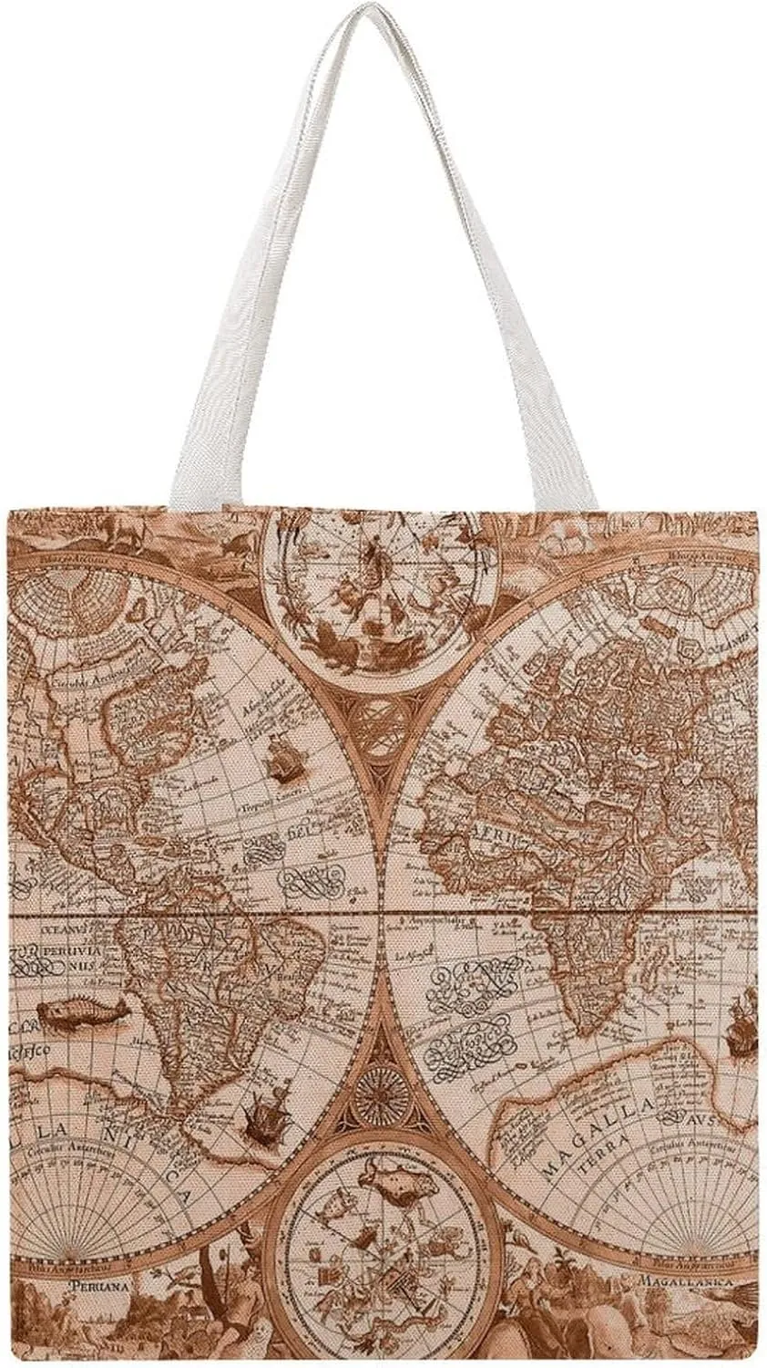 Nautical Sea Map Compass Sailing Ship Canvas Tote Bag for Women Girl Canvas Shoulder Handbags Cute Large Purse