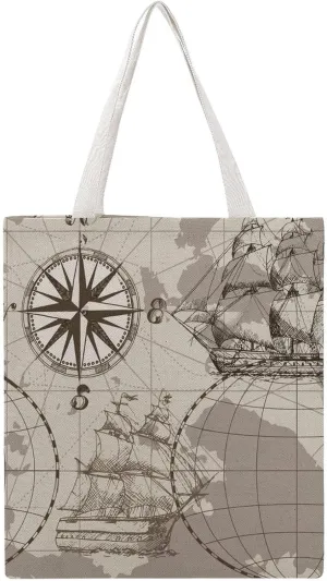 Nautical Sea Map Compass Sailing Ship Canvas Tote Bag for Women Girl Canvas Shoulder Handbags Cute Large Purse