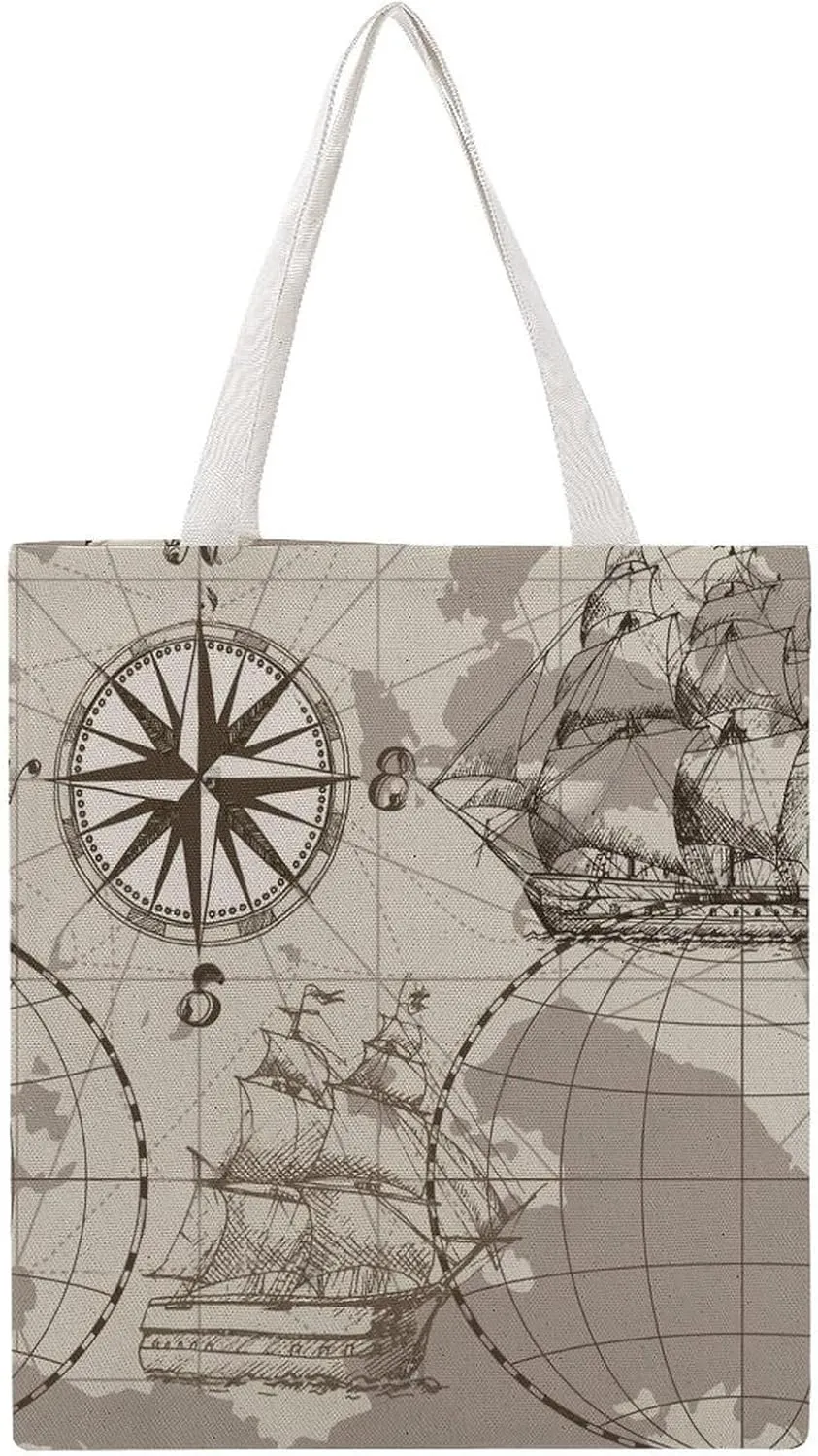 Nautical Sea Map Compass Sailing Ship Canvas Tote Bag for Women Girl Canvas Shoulder Handbags Cute Large Purse