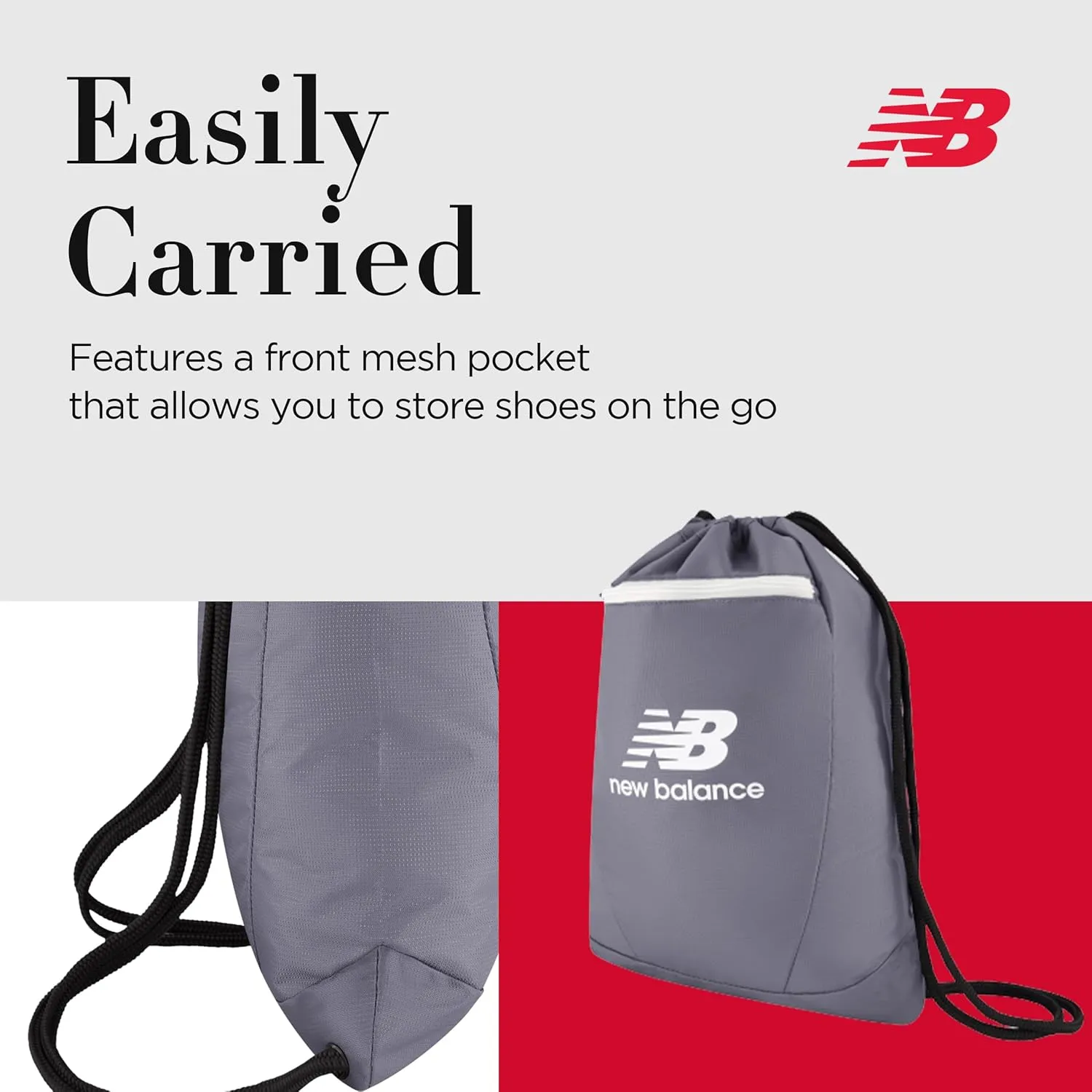 New Balance Drawstring Backpack, Small Gym Travel Bag with Front Zip Pocket, Sports Cinch Sack for Men and Women, Grey, 17.5 Inch