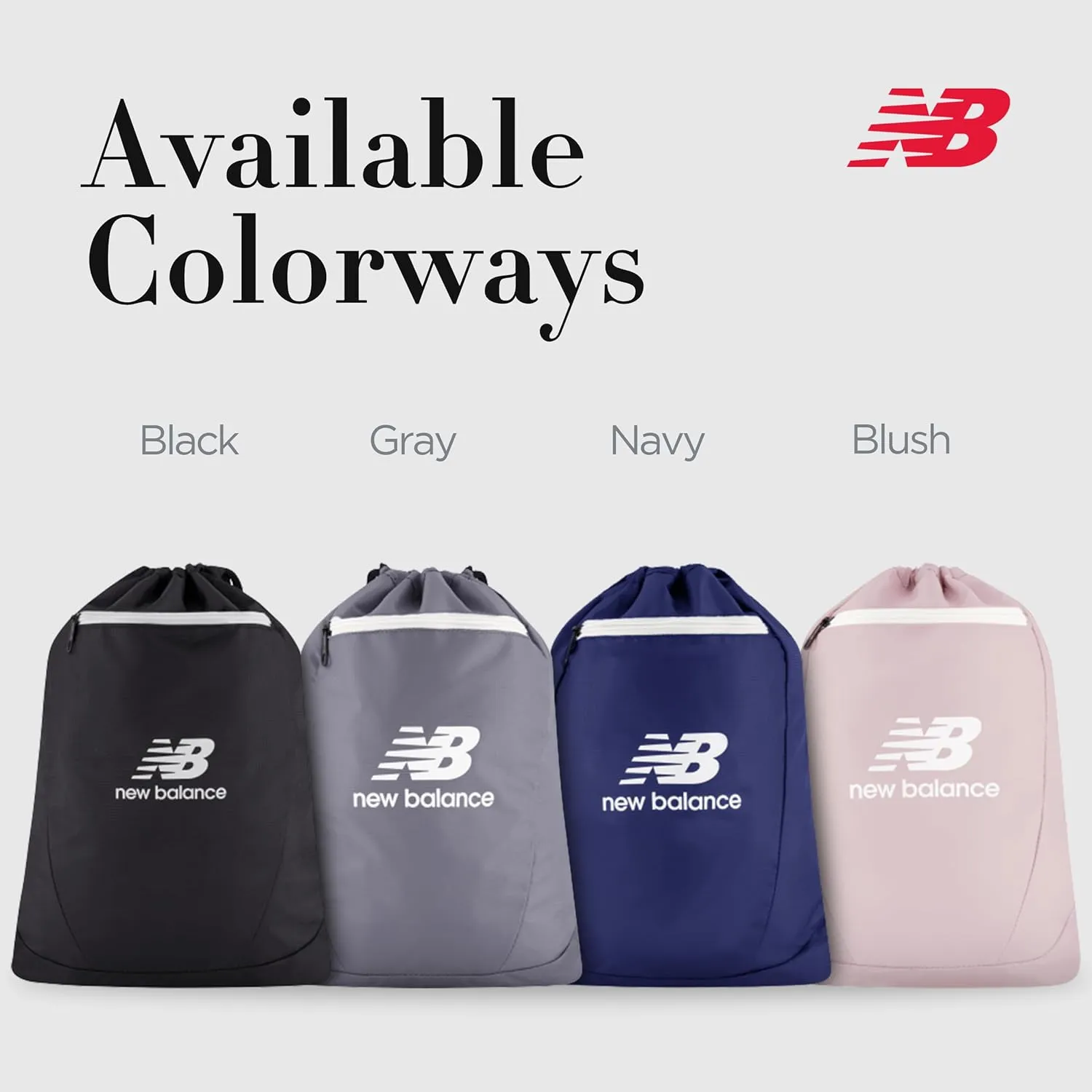 New Balance Drawstring Backpack, Small Gym Travel Bag with Front Zip Pocket, Sports Cinch Sack for Men and Women, Grey, 17.5 Inch