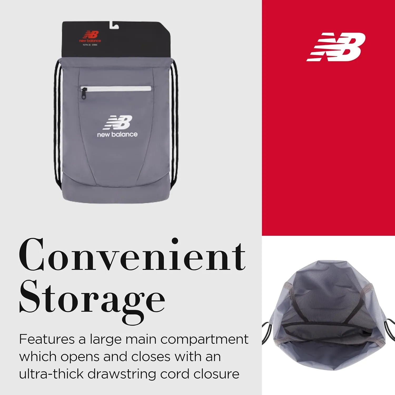 New Balance Drawstring Backpack, Small Gym Travel Bag with Front Zip Pocket, Sports Cinch Sack for Men and Women, Grey, 17.5 Inch