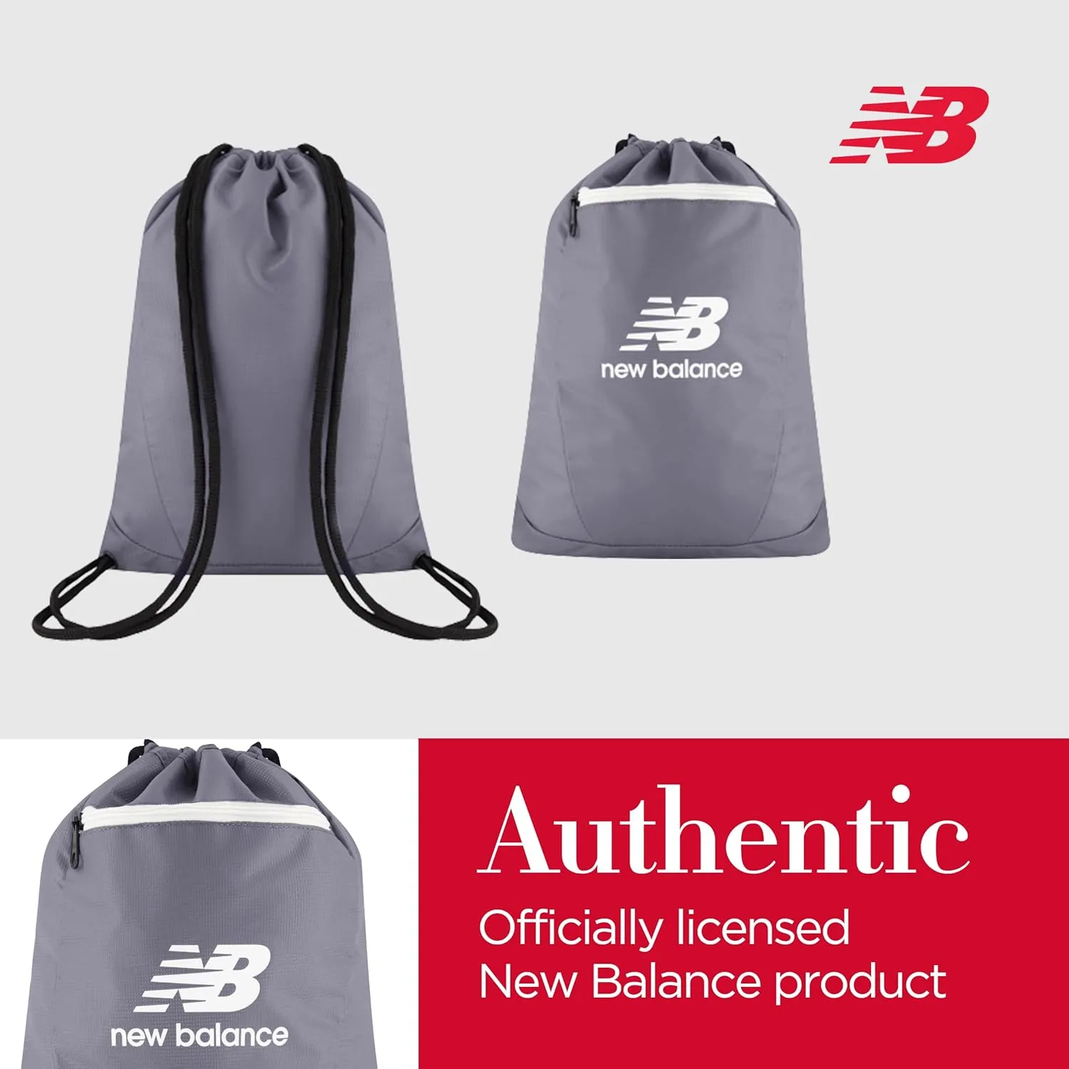 New Balance Drawstring Backpack, Small Gym Travel Bag with Front Zip Pocket, Sports Cinch Sack for Men and Women, Grey, 17.5 Inch